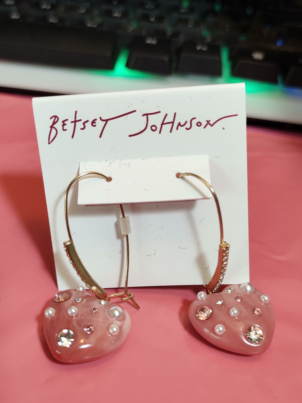 Betsey Johnson Pink Heart Drop Earrings with Pearls and Crystals
